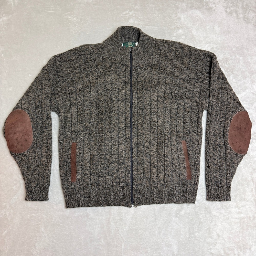 VTG 90s Orvis Full Zip Cardigan Men XL Brown Suede Elbow Patches Wool Blend USA